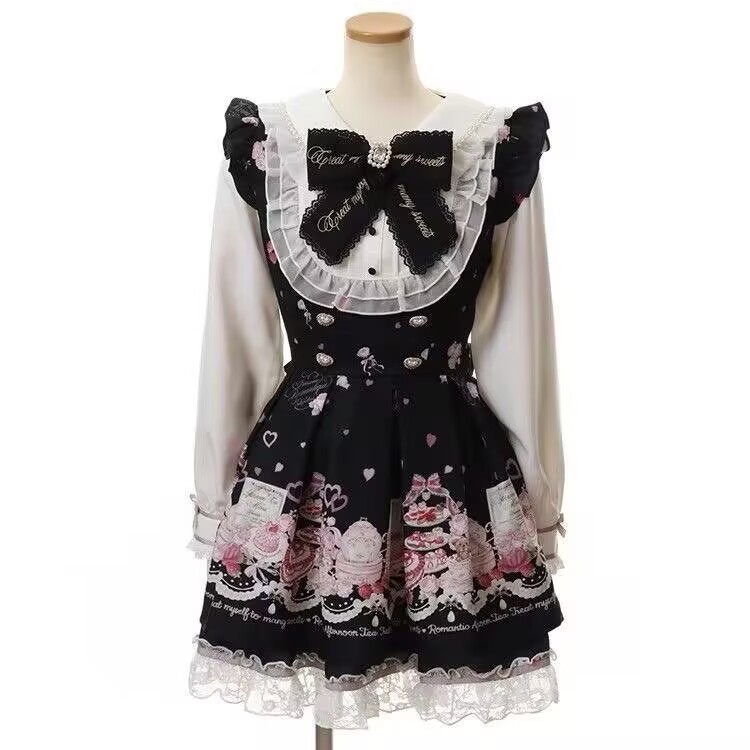 Japanese Women Formal Wear - ชุดเดรสโบว์ประดับเพชรสไตล์ญี่ปุ่น คาวาอี้ สำหรับผู้หญิง สไตล์โลลิต้าหวานๆ ผ้าลูกไม้ประดับมุก เสื้อพิมพ์ลายน่ารัก