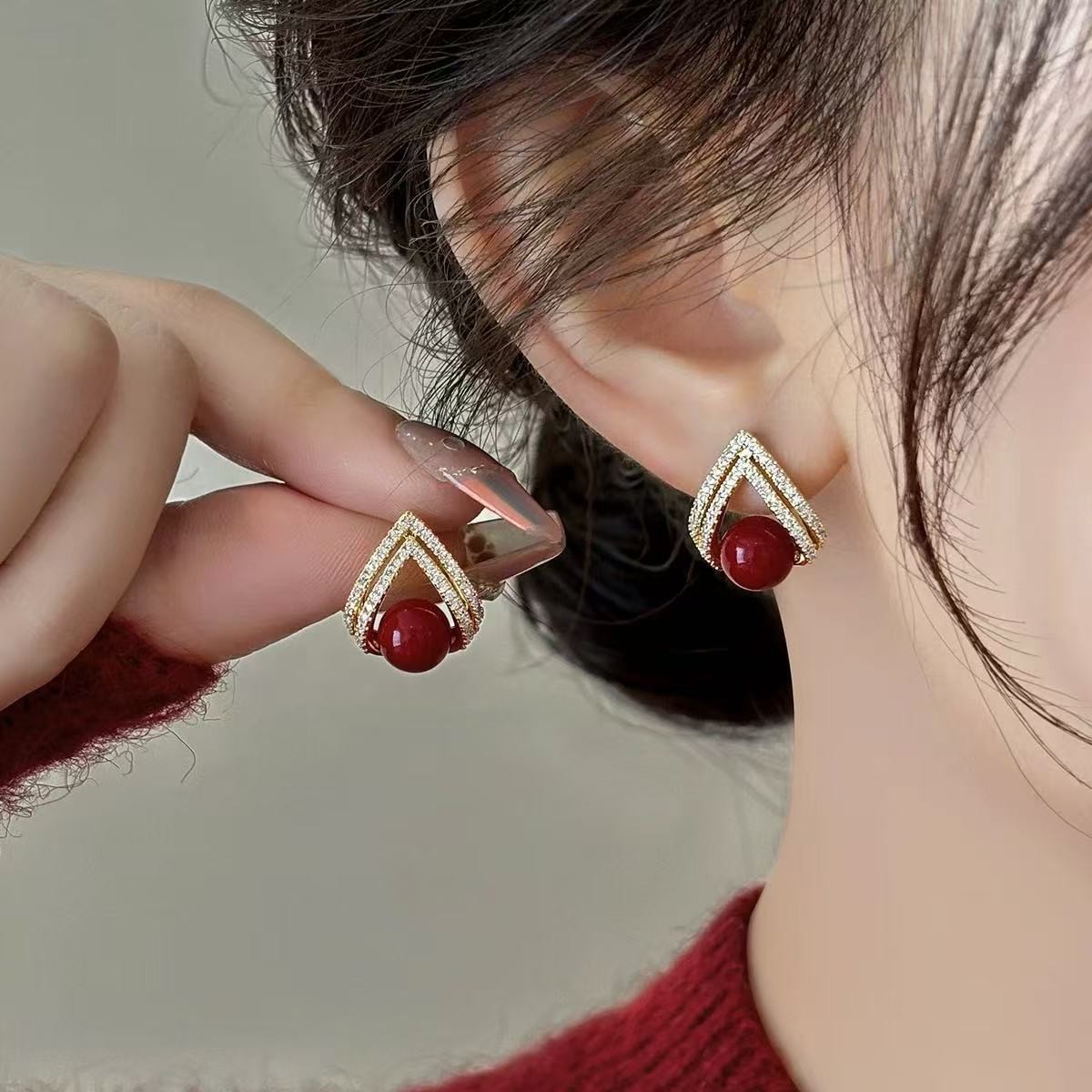 Pearl Earring Stud - 925 เงินแท้ ต่างหูมุกสีแดงไวน์ แฟชั่นเกาหลี สำหรับผู้หญิง เครื่องประดับ