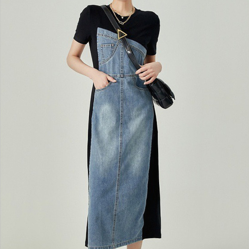Formal Wear Gowns For Women - DENIM ชุดผู้หญิงชุดยาวรอบคอแขนสั้น Vestidos Casual Elegant Splice