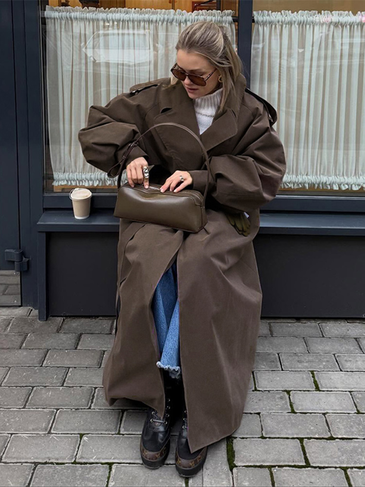 Trench Coat Formal - เสื้อโค้ทกันลมทรงหลวมสำหรับผู้หญิง แขนยาว คอปกพับ ผูกเชือก สไตล์ลำลอง เสื้อโค้ทยาวสำหรับผู้หญิง