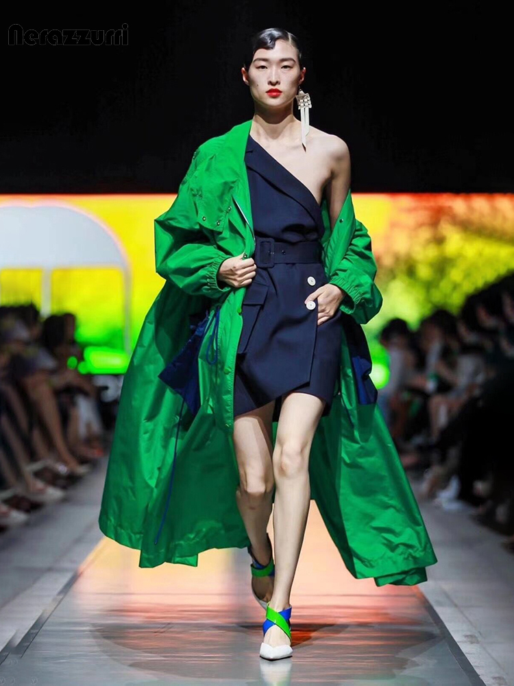 Trench Coat Formal - Lautaro เสื้อฝนต่อผ้าสำหรับผู้หญิง, ยาวพิเศษสีเขียวและสีฟ้ามีซิปดีไซน์หรูหราเท่ห์2023ฤดูใบไม้ผลิ