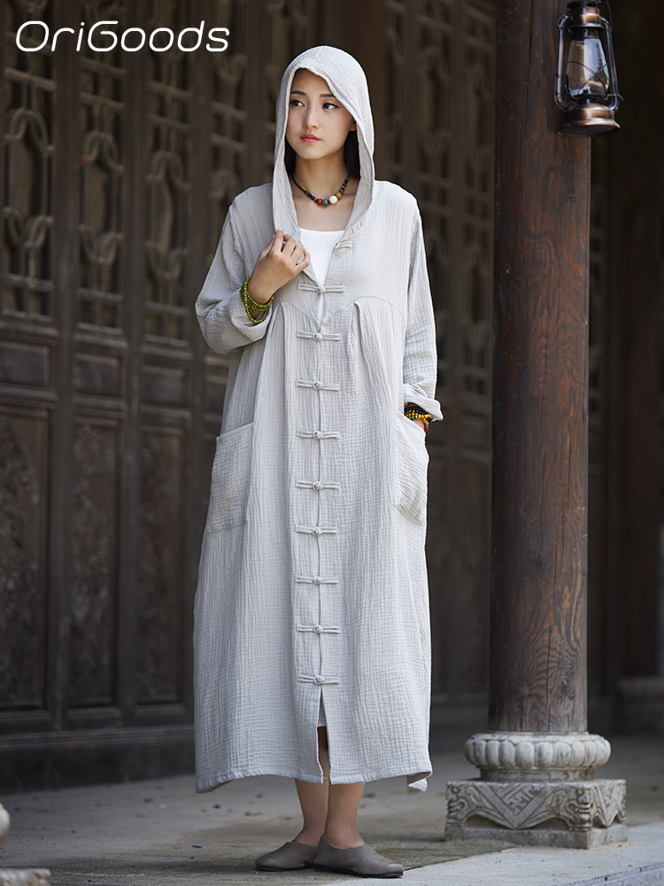 Trench Coat Formal - เสื้อคลุมยาวมีฮู้ดสำหรับผู้หญิง OriGoods ผ้าฝ้าย สไตล์จีน ทรงหลวม สีแดงดำ