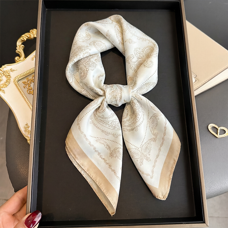 Scarf Silk Neck - ผ้าพันคอสี่เหลี่ยมลายเพสลีย์สีเบจสไตล์วินเทจ ผ้าซาตินไหมสำหรับผู้หญิง ใช้ได้ทุกวันในฤดูร้อน ป้องกันแสงแดด ใช้เป็นเครื่องประดับผมและคอ