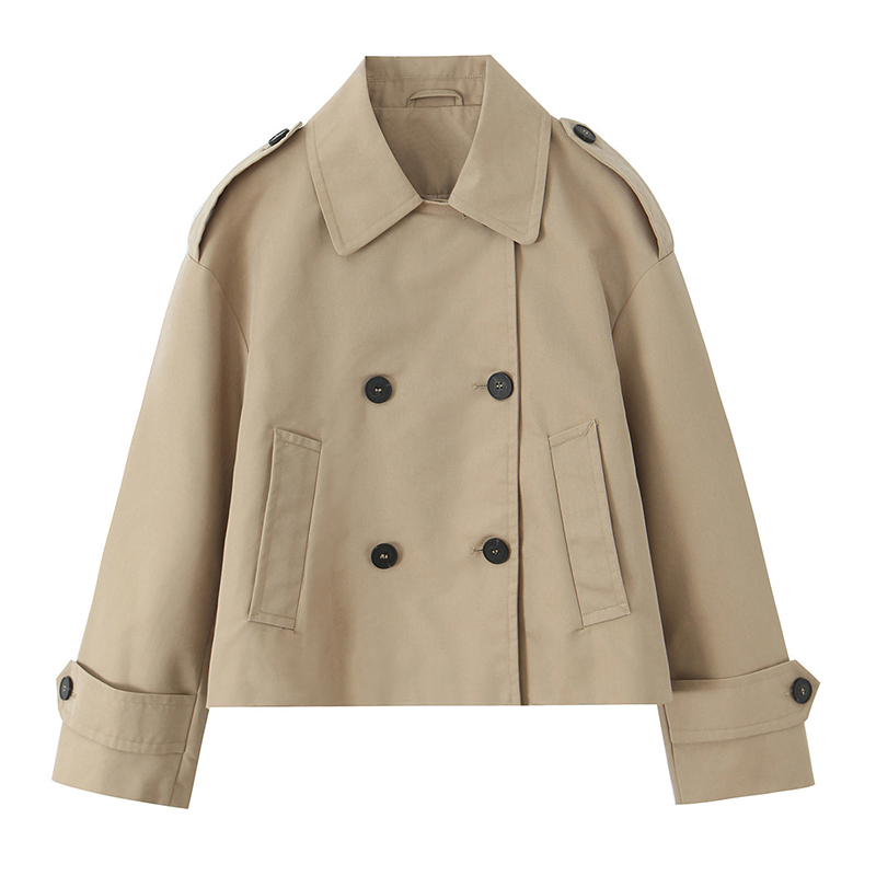 Trench Coat Formal - เสื้อแจ็คเก็ตเทรนช์โค้ทสั้นสีกากีแบบกระดุมสองแถวสำหรับผู้หญิง สไตล์วินเทจ คอปกแบบน็อต แขนยาว แฟชั่นเก๋ไก๋สำหรับสุภาพสตรี