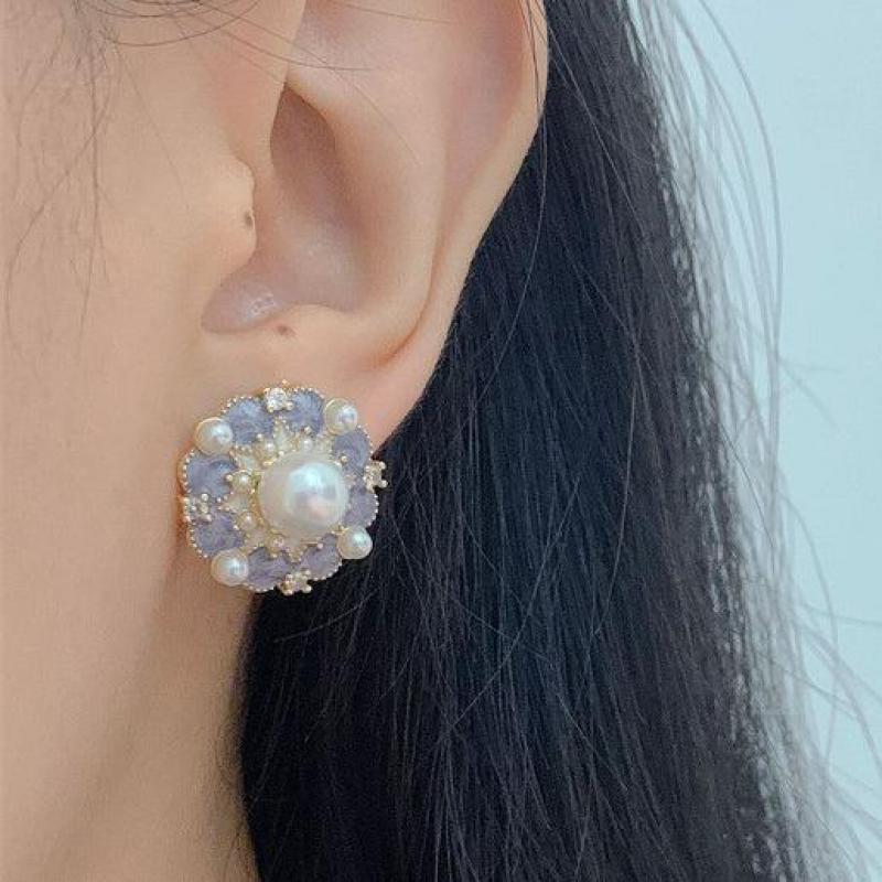 ต่างหูเข็มเงิน925วินเทจสีม่วงน - Pearl Earring Stud บทวิจารณ์และราคา